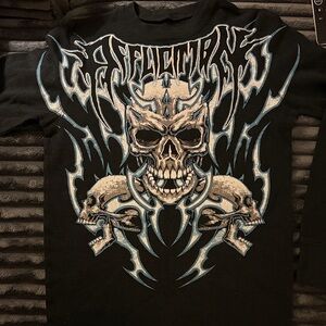 Affliction Black and Blue Skull Graphic Top